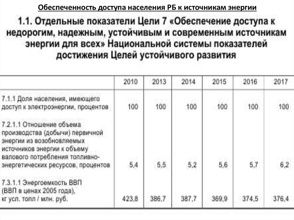 Обеспеченность доступа населения РБ к источникам энергии