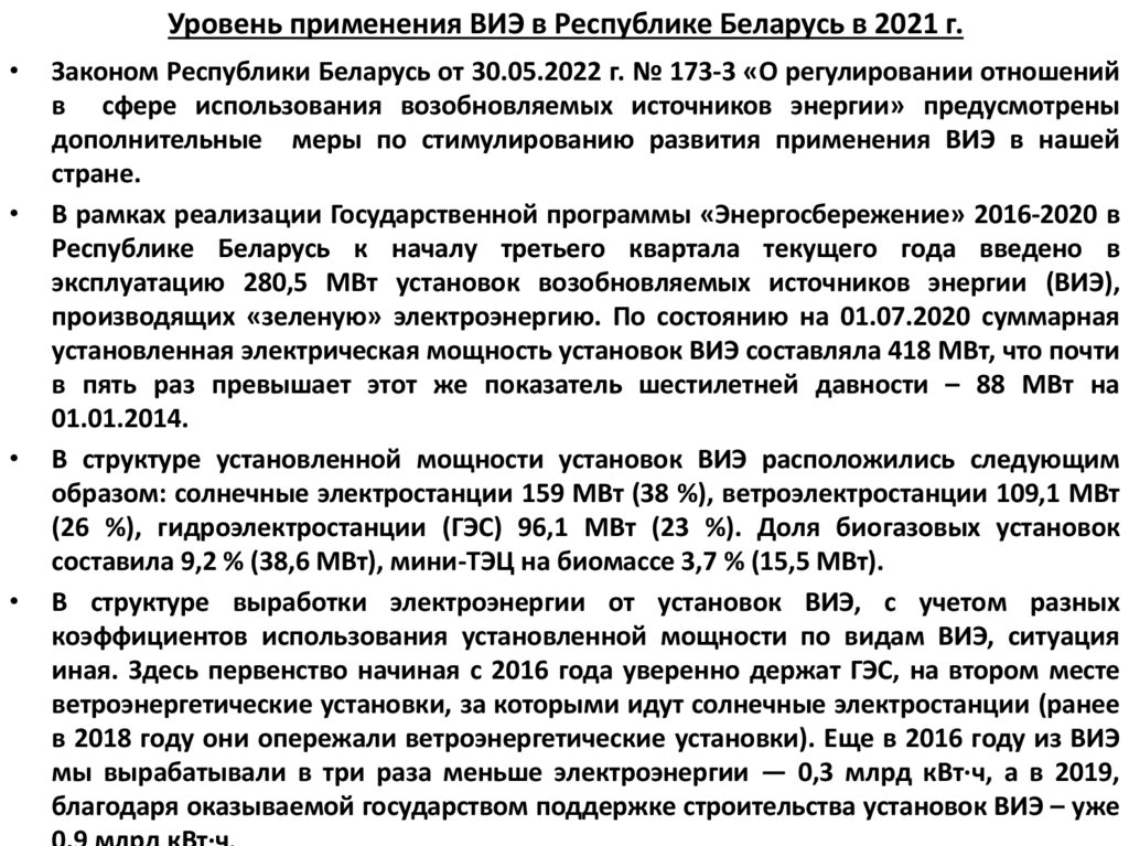 Уровень применения ВИЭ в Республике Беларусь в 2021 г.