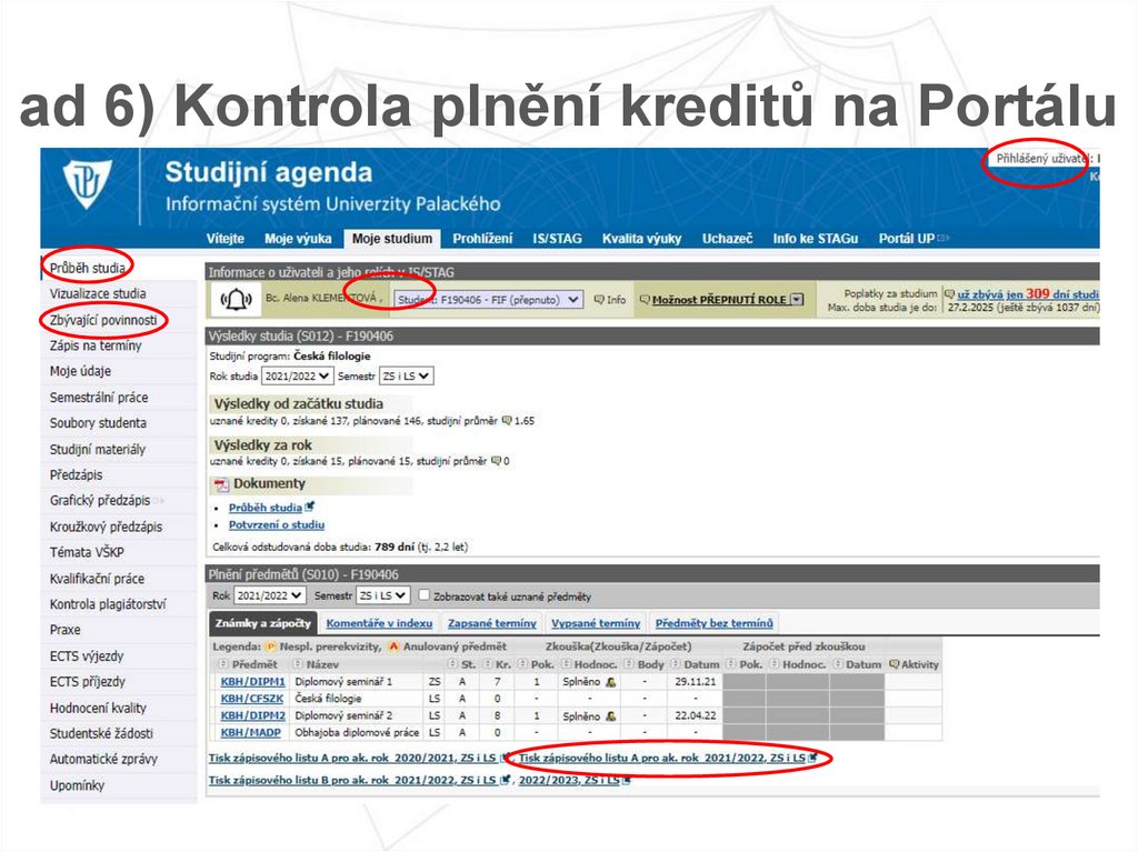 ad 6) Kontrola plnění kreditů na Portálu