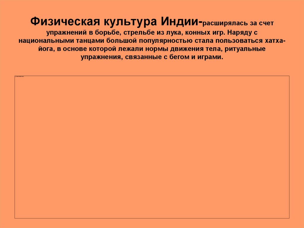 Физическая культура Индии-расширялась за счет упражнений в борьбе, стрельбе из лука, конных игр. Наряду с национальными танцами