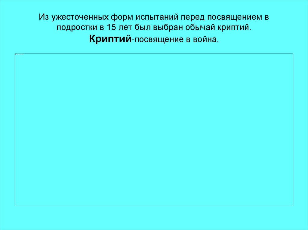 Из ужесточенных форм испытаний перед посвящением в подростки в 15 лет был выбран обычай криптий. Криптий-посвящение в война.