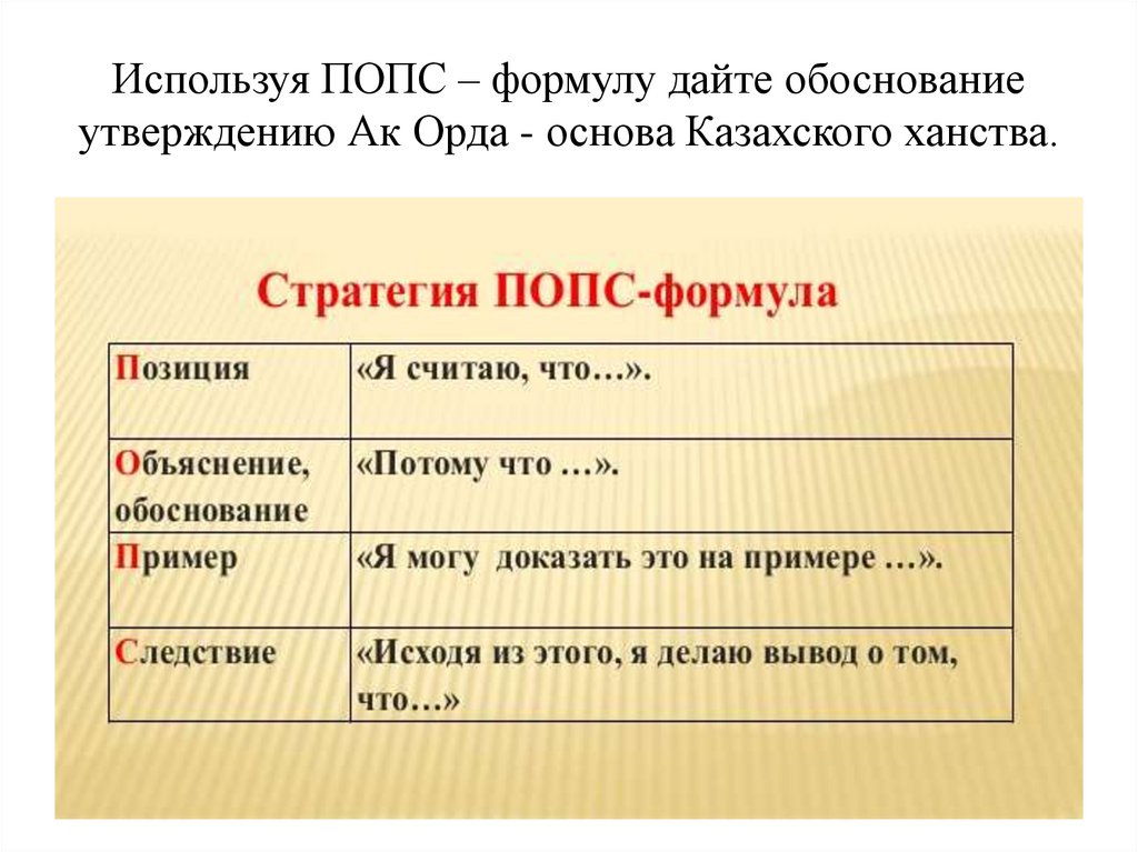 Используя ПОПС – формулу дайте обоснование утверждению Ак Орда - основа Казахского ханства.