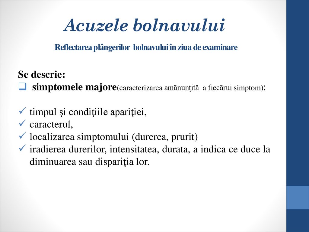 Acuzele bolnavului Reflectarea plângerilor bolnavului în ziua de examinare
