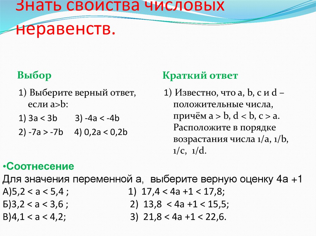 Знать свойства числовых неравенств.