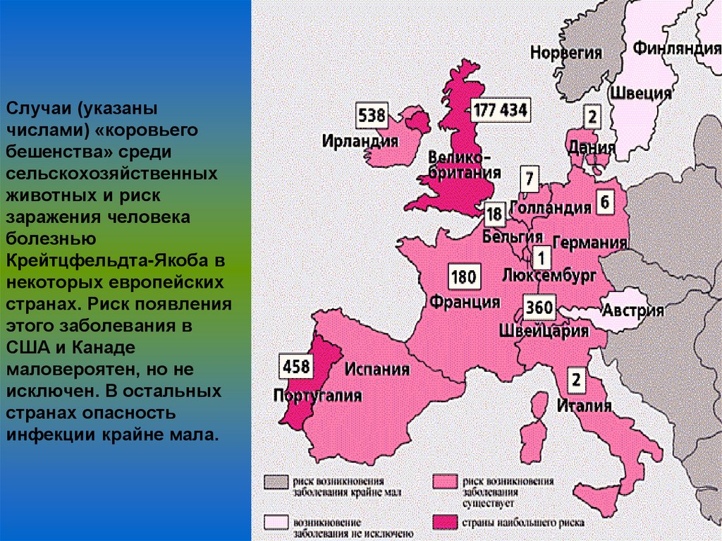Случаи (указаны числами) «коровьего бешенства» среди сельскохозяйственных животных и риск заражения человека болезнью