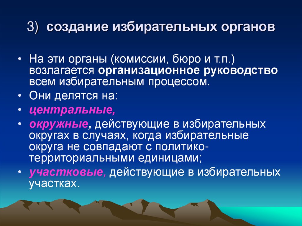 3)  создание избирательных органов
