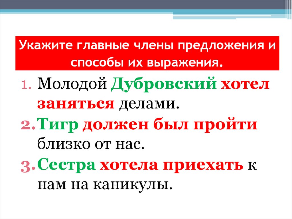 Укажите главные члены предложения и способы их выражения.