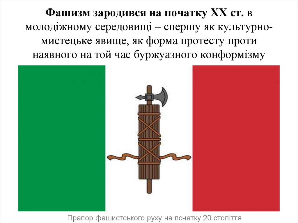 Фашизм зародився на початку ХХ ст. в молодіжному середовищі – спершу як культурно-мистецьке явище, як форма протесту проти