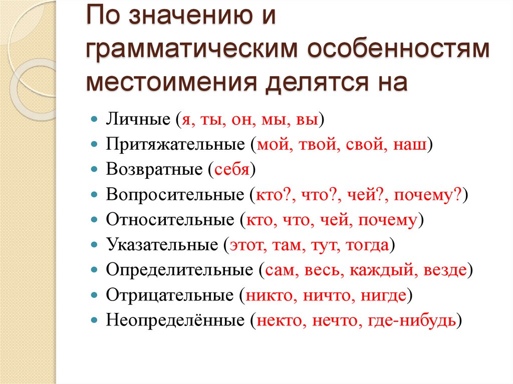 По значению и грамматическим особенностям местоимения делятся на