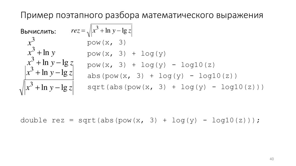 Пример поэтапного разбора математического выражения