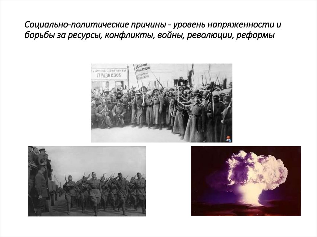 Социально-политические причины - уровень напряженности и борьбы за ресурсы, конфликты, войны, революции, реформы