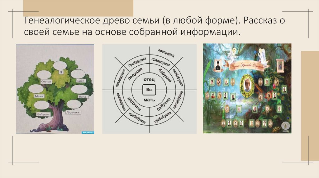 Генеалогическое древо семьи (в любой форме). Рассказ о своей семье на основе собранной информации.