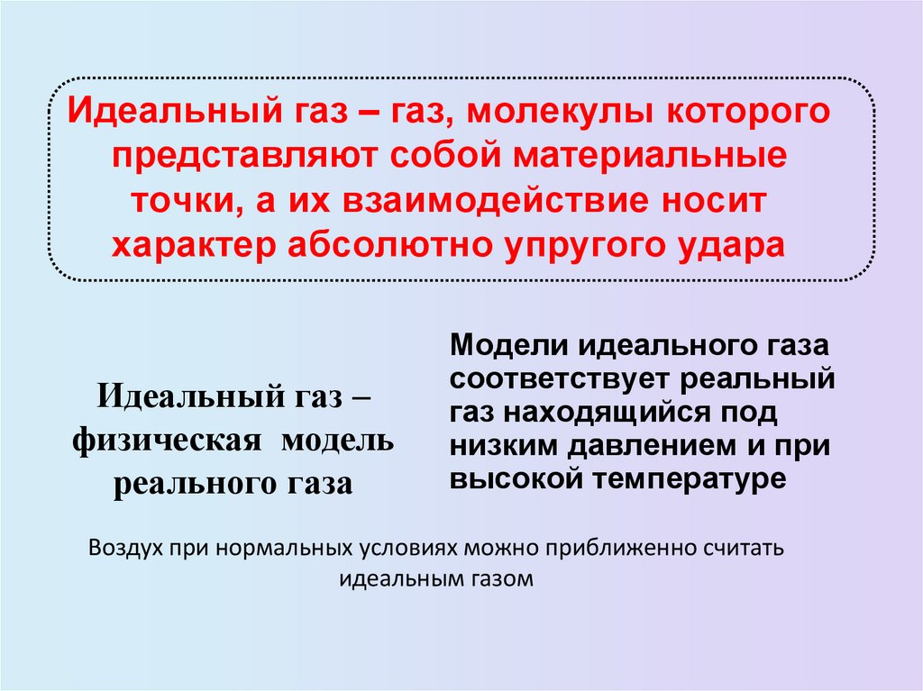 Идеальный газ – газ, молекулы которого представляют собой материальные точки, а их взаимодействие носит характер абсолютно