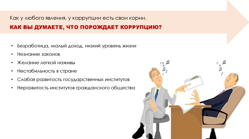 Как у любого явления, у коррупции есть свои корни. КАК ВЫ ДУМАЕТЕ, ЧТО ПОРОЖДАЕТ КОРРУПЦИЮ?