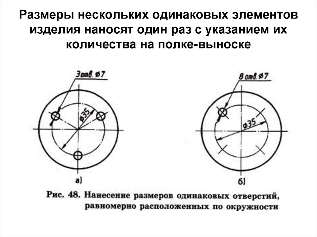 Размеры нескольких одинаковых элементов изделия наносят один раз с указанием их количества на полке-выноске