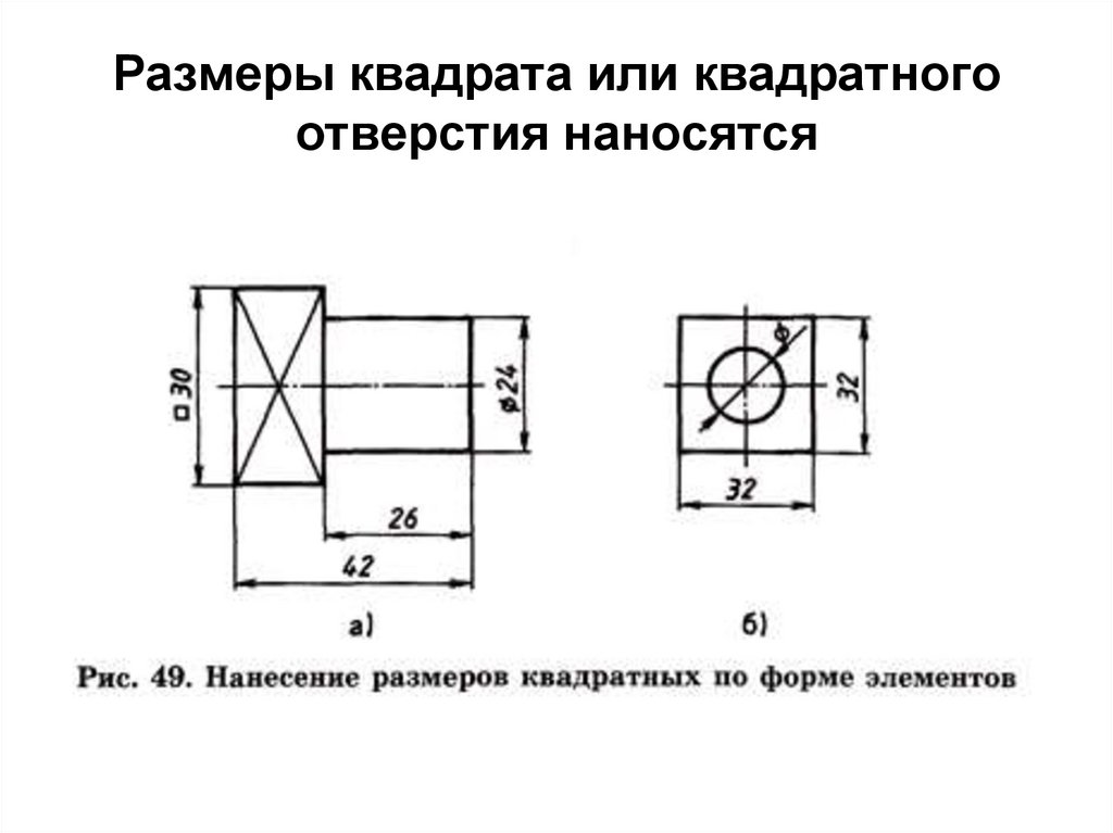 Размеры квадрата или квадратного отверстия наносятся