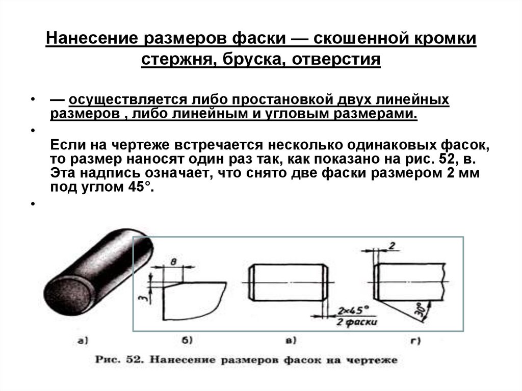Нанесение размеров фаски — скошенной кромки стержня, бруска, отверстия