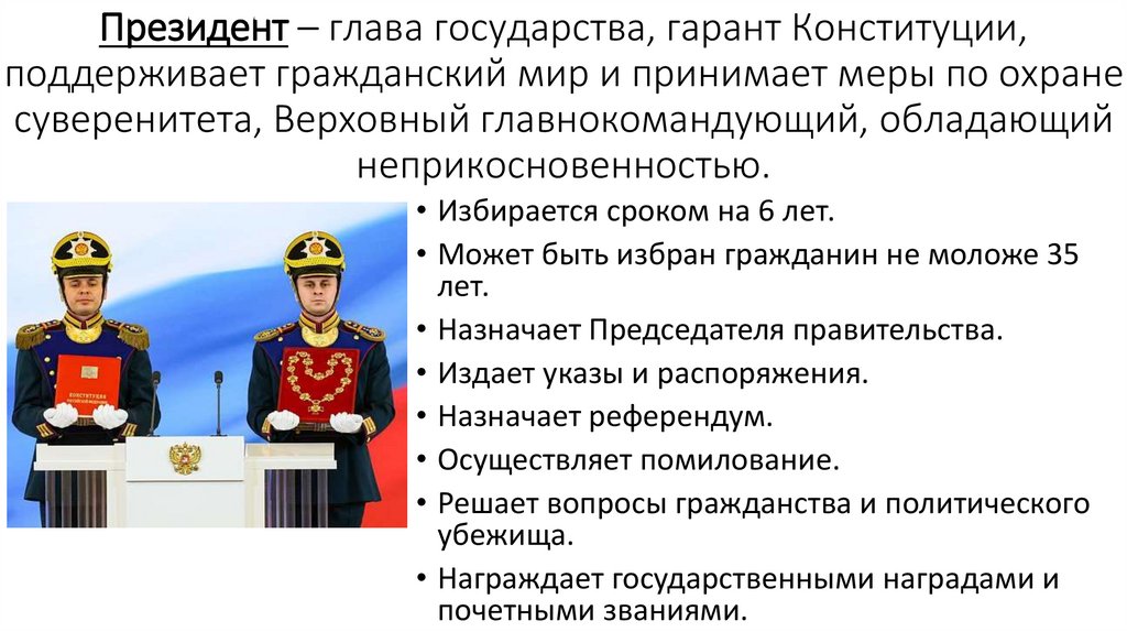 Президент – глава государства, гарант Конституции, поддерживает гражданский мир и принимает меры по охране суверенитета,