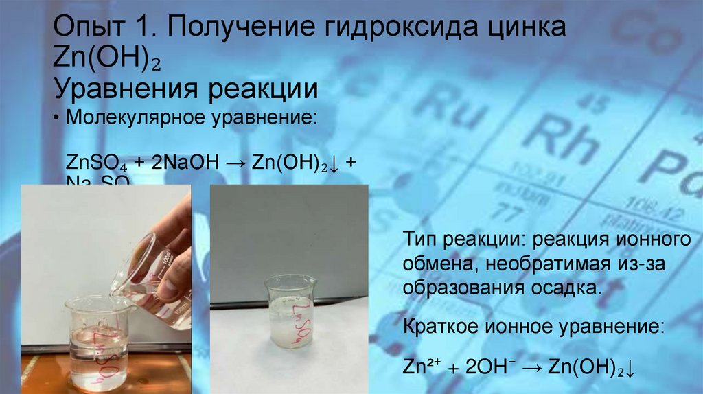 Опыт 1. Получение гидроксида цинка Zn(OH)₂ Уравнения реакции