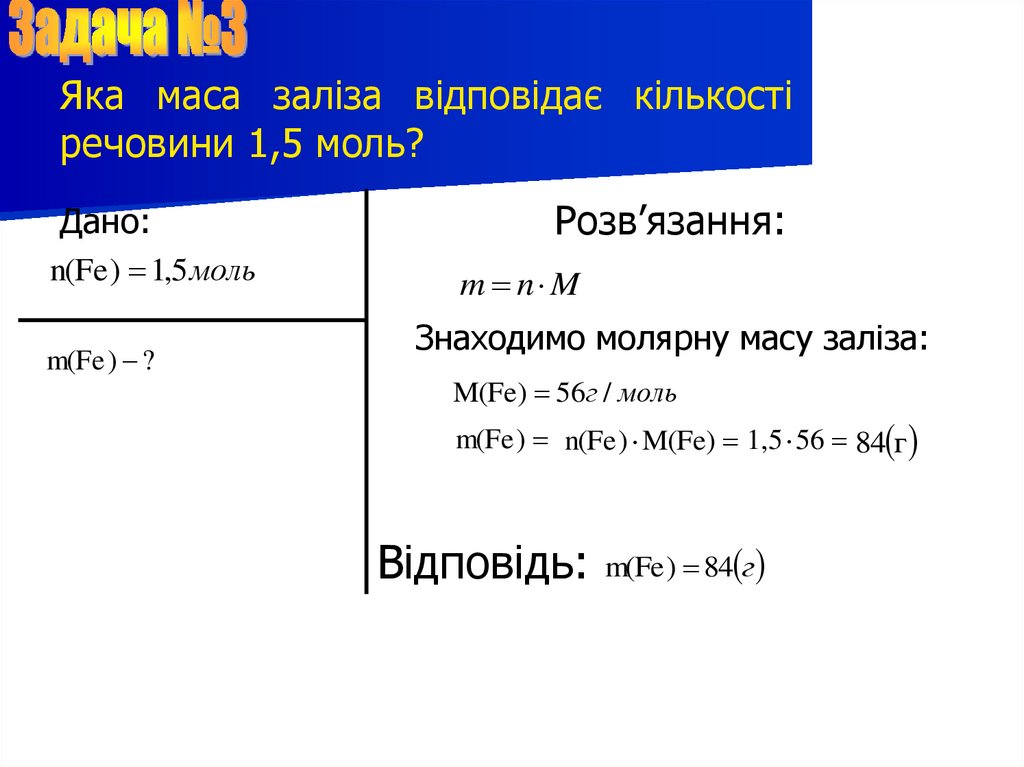 Яка маса заліза відповідає кількості речовини 1,5 моль?