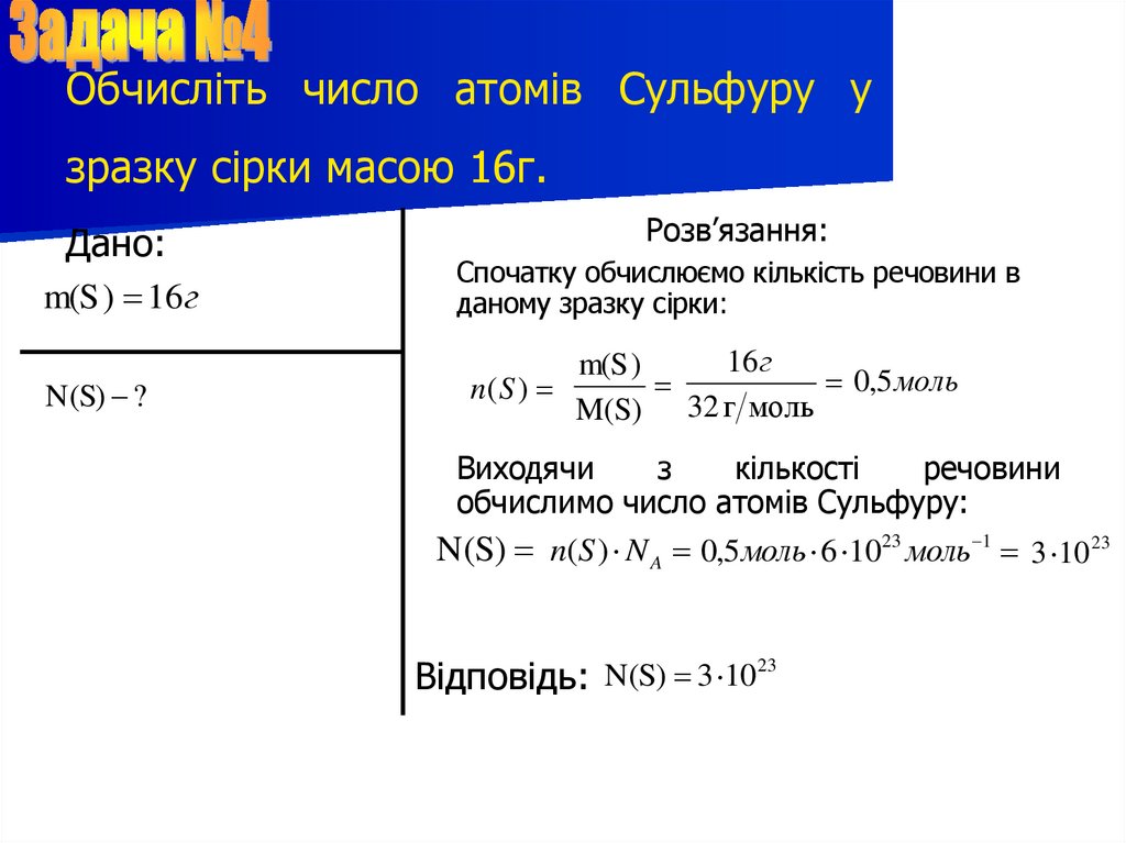 Обчисліть число атомів Сульфуру у зразку сірки масою 16г.