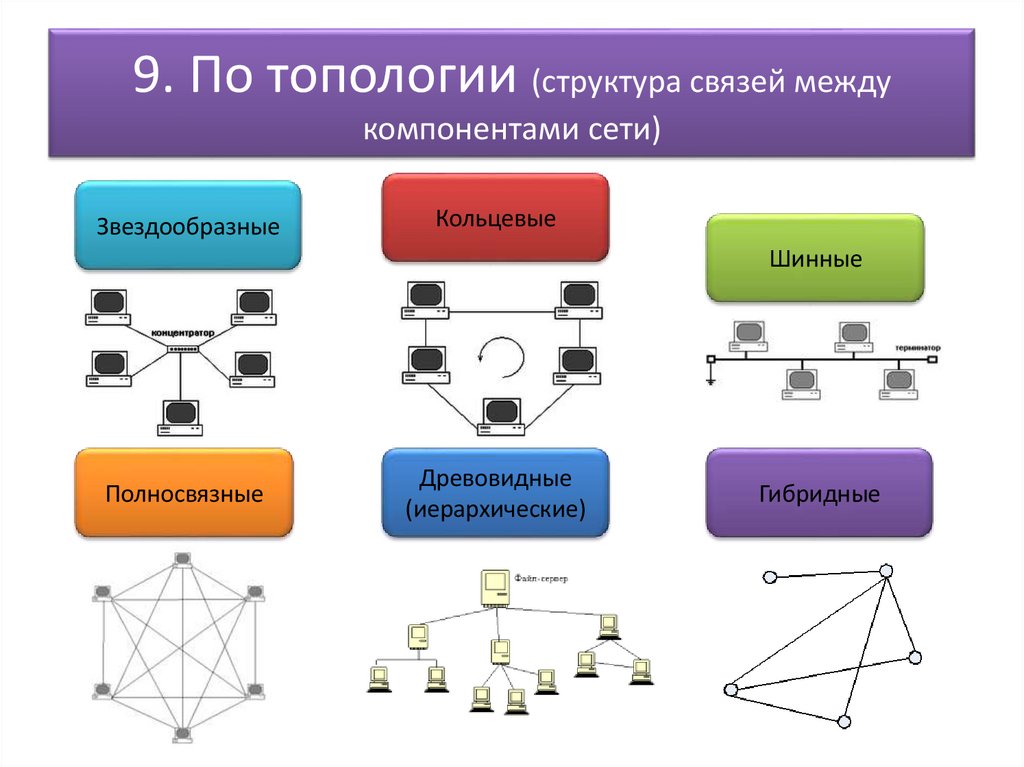 9. По топологии (структура связей между компонентами сети)