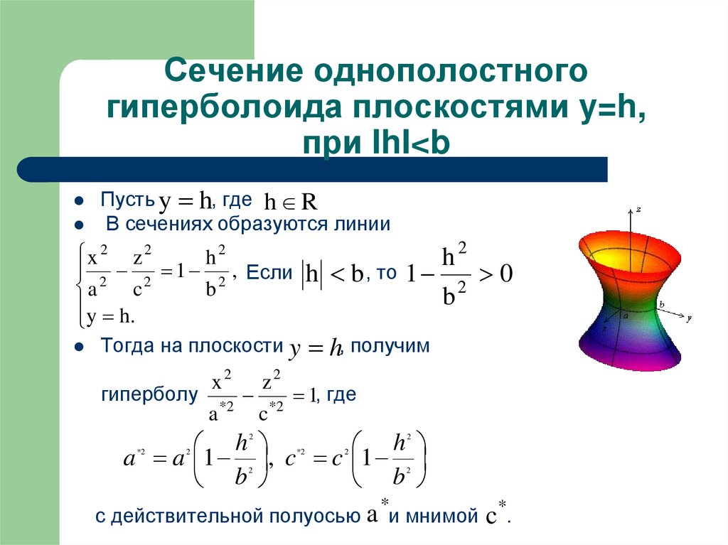 Сечение однополостного гиперболоида плоскостями y=h, при IhI<b