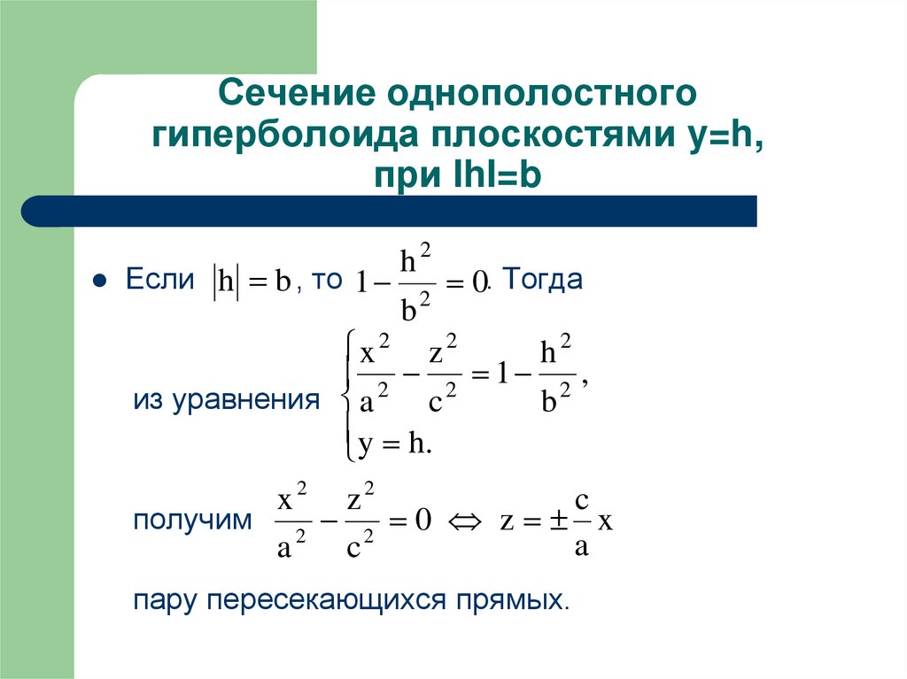 Сечение однополостного гиперболоида плоскостями y=h, при IhI=b