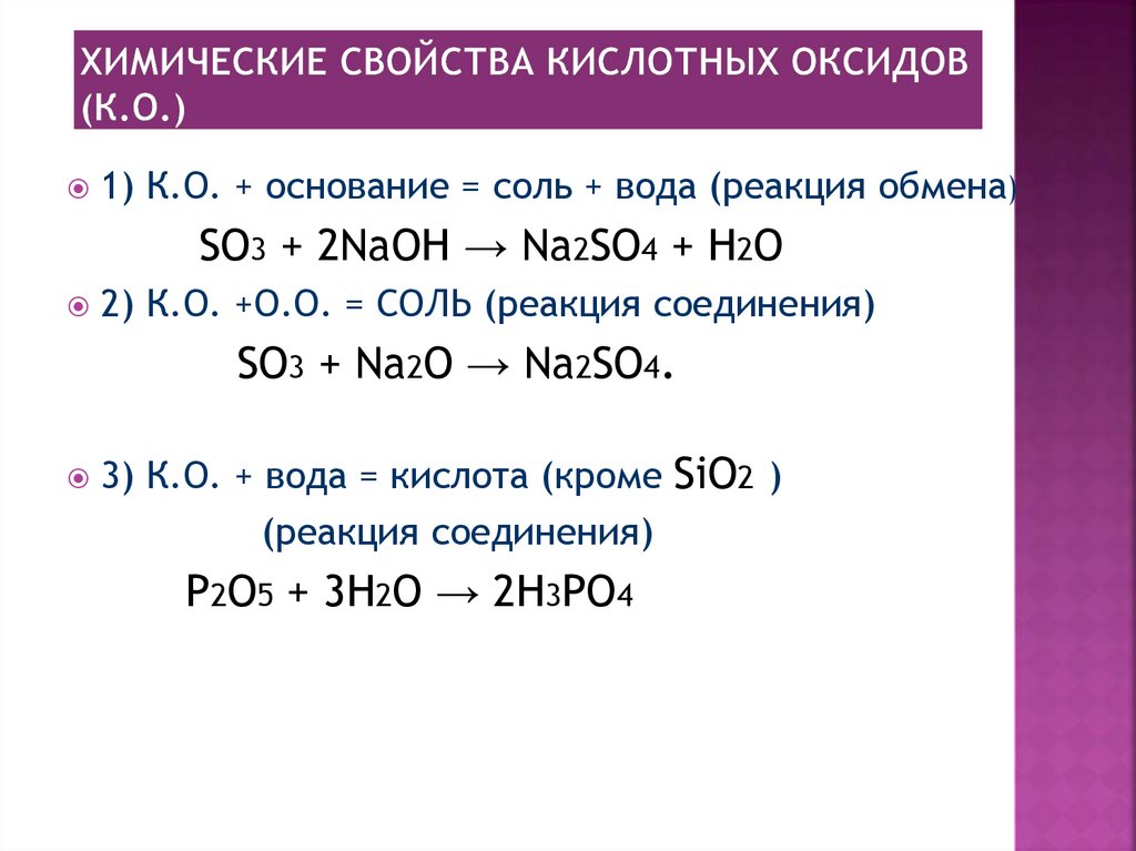 Химические свойства кислотных оксидов (К.О.)