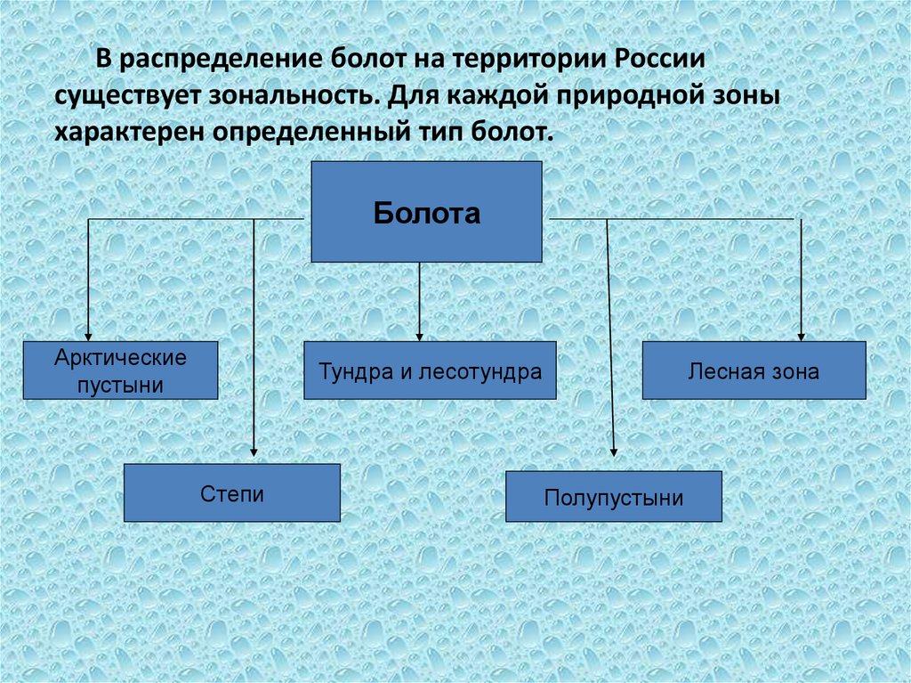 В распределение болот на территории России существует зональность. Для каждой природной зоны характерен определенный тип болот.