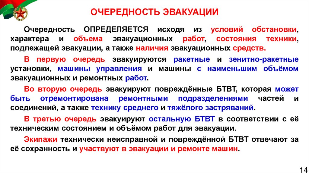 ОЧЕРЕДНОСТЬ ЭВАКУАЦИИ