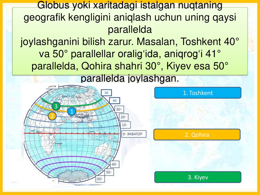 Globus yoki xaritadagi istalgan nuqtaning geografik kengligini aniqlash uchun uning qaysi parallelda joylashganini bilish