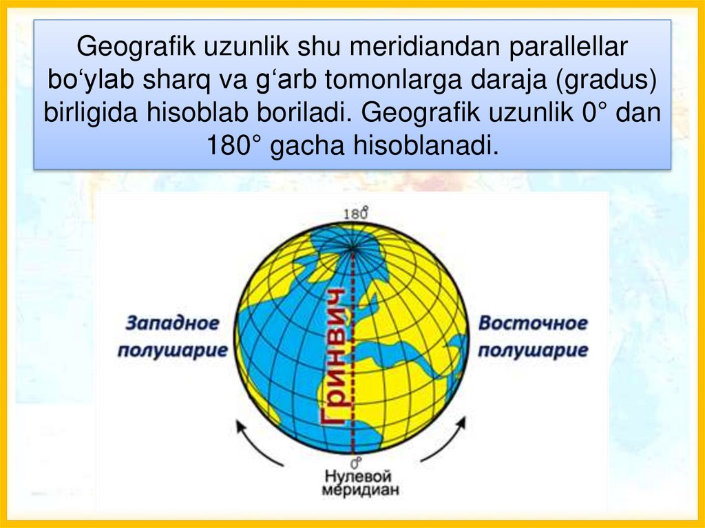 Geografik uzunlik shu meridiandan parallellar bo‘ylab sharq va g‘arb tomonlarga daraja (gradus) birligida hisoblab boriladi.
