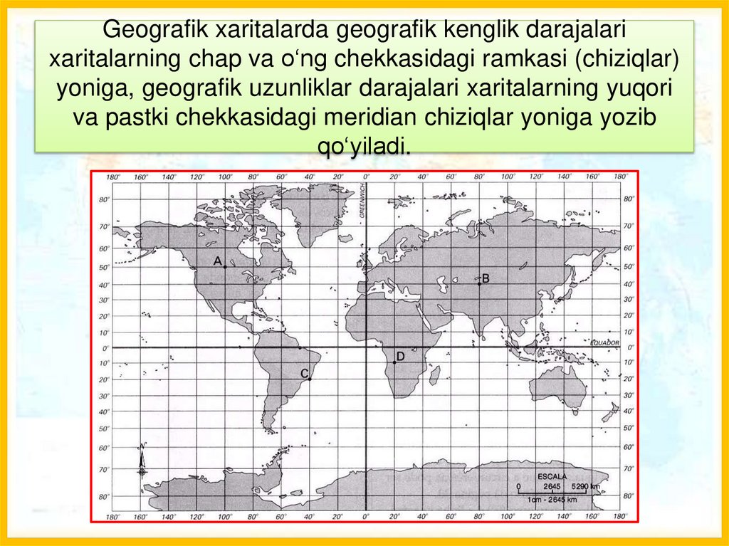 Geografik xaritalarda geografik kenglik darajalari xaritalarning chap va o‘ng chekkasidagi ramkasi (chiziqlar) yoniga,
