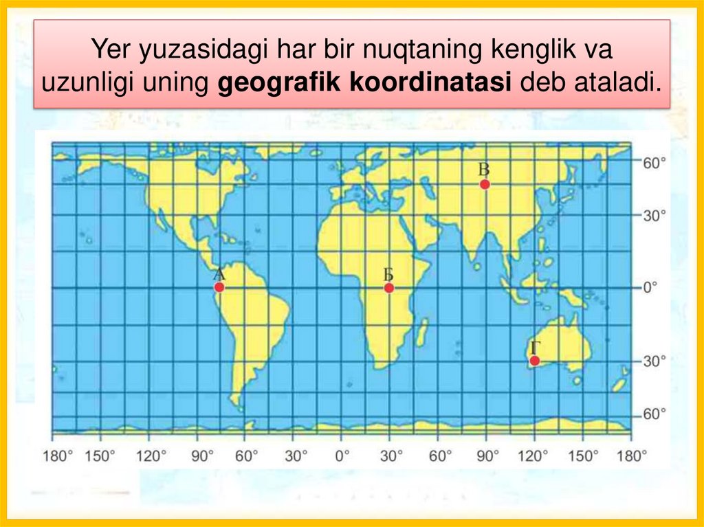 Yer yuzasidagi har bir nuqtaning kenglik va uzunligi uning geografik koordinatasi deb ataladi.