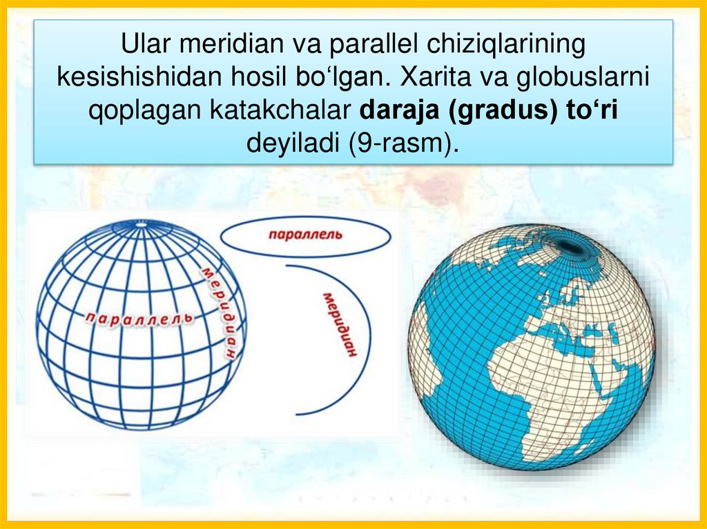 Ular meridian va parallel chiziqlarining kesishishidan hosil bo‘lgan. Xarita va globuslarni qoplagan katakchalar daraja