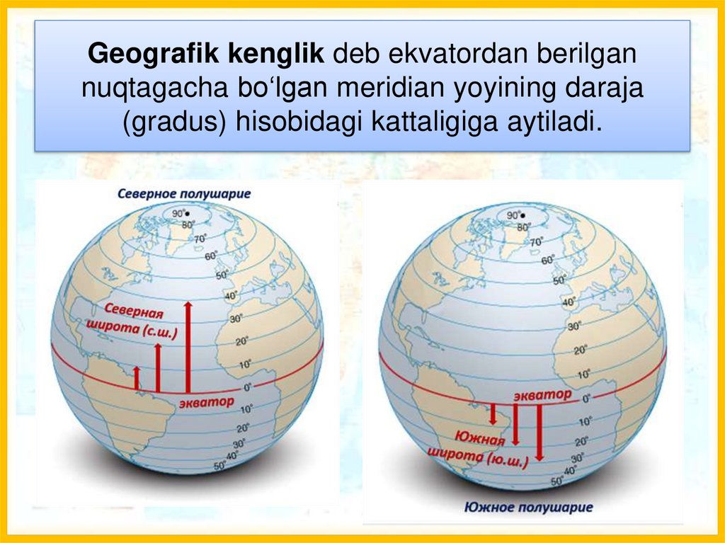 Geografik kenglik deb ekvatordan berilgan nuqtagacha bo‘lgan meridian yoyining daraja (gradus) hisobidagi kattaligiga aytiladi.