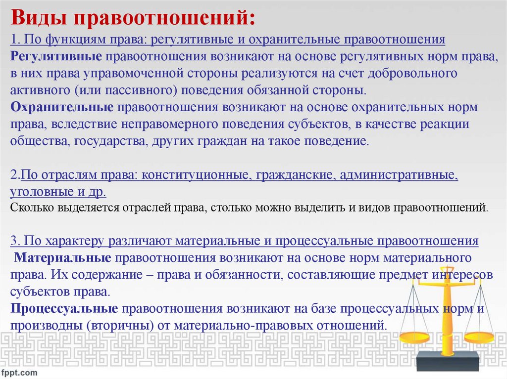 Виды правоотношений: 1. По функциям права: регулятивные и охранительные правоотношения Регулятивные правоотношения возникают на