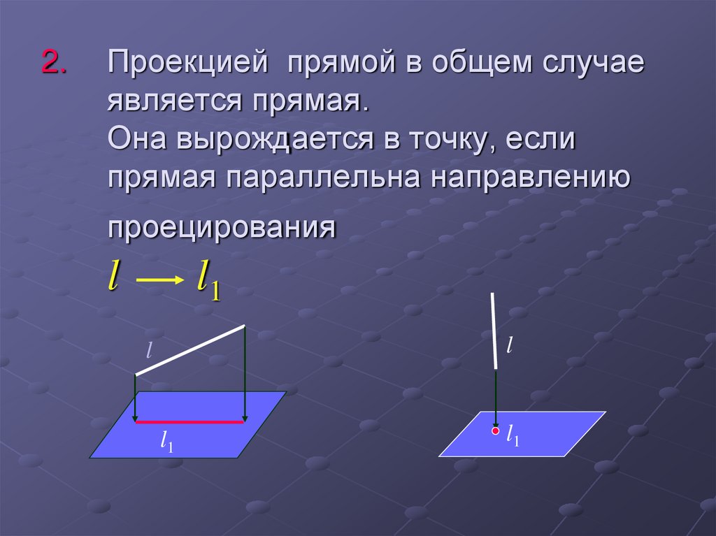 Проекцией прямой в общем случае является прямая. Она вырождается в точку, если прямая параллельна направлению проецирования l