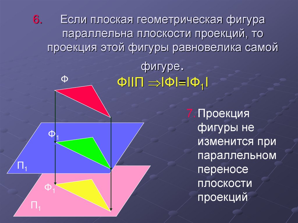 Если плоская геометрическая фигура параллельна плоскости проекций, то проекция этой фигуры равновелика самой фигуре. ФIIП