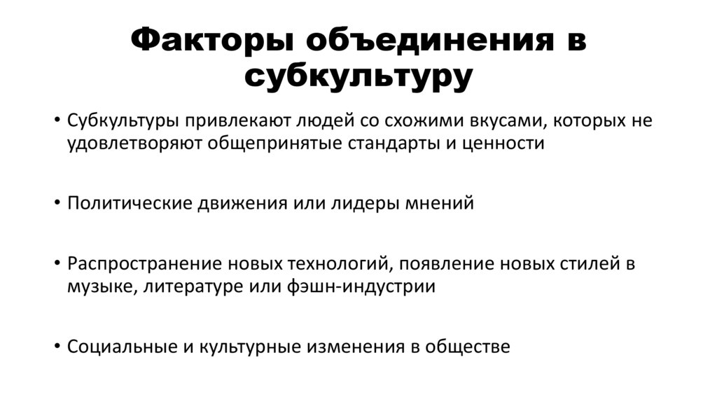 Факторы объединения в субкультуру