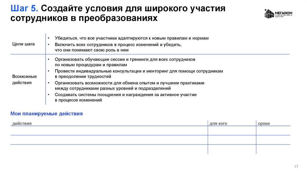 Шаг 5. Создайте условия для широкого участия сотрудников в преобразованиях