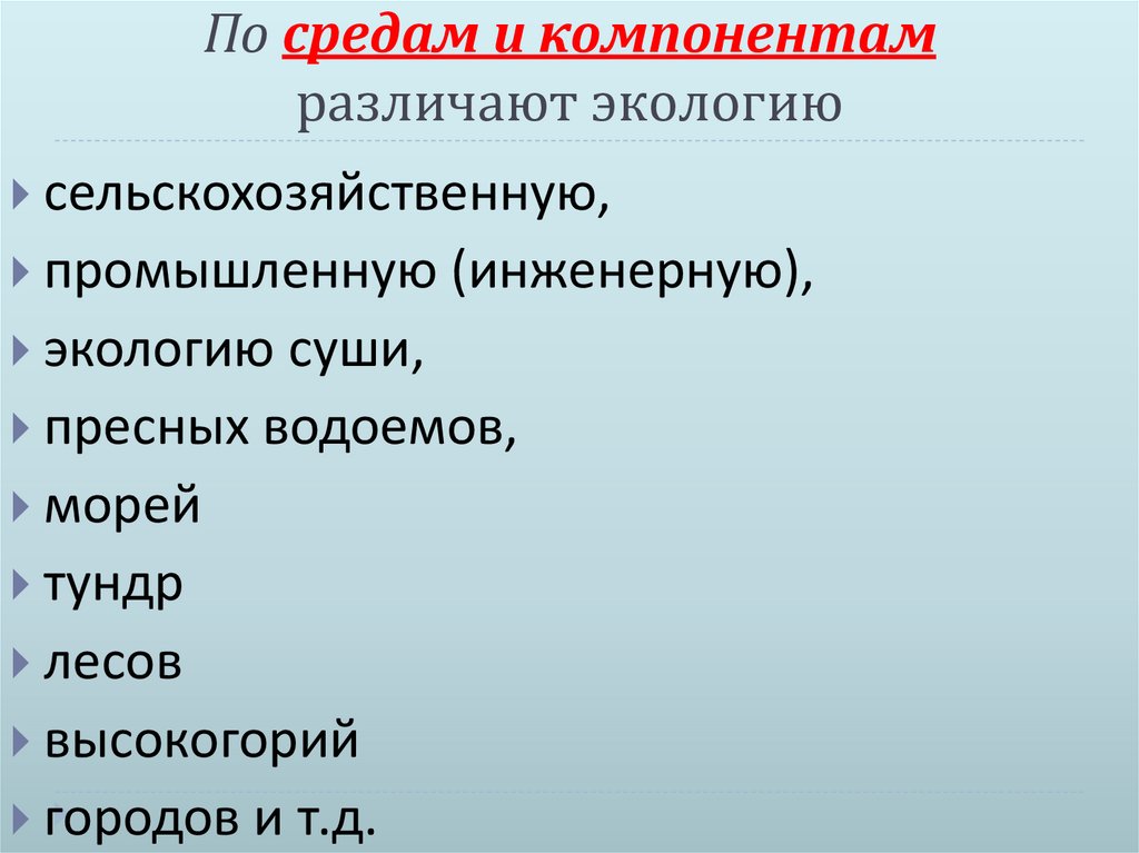 По средам и компонентам различают экологию