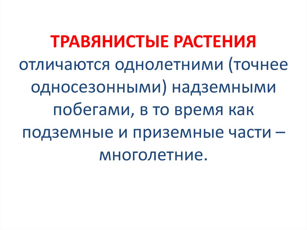 ТРАВЯНИСТЫЕ РАСТЕНИЯ отличаются однолетними (точнее односезонными) надземными побегами, в то время как подземные и приземные