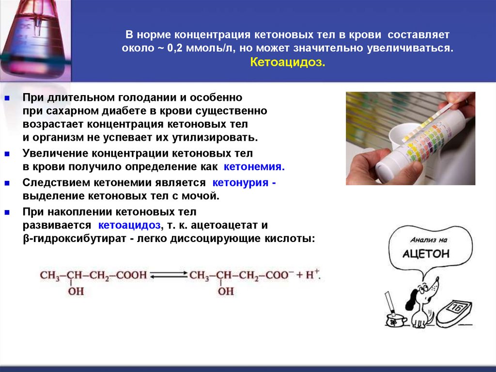 В норме концентрация кетоновых тел в крови составляет около ~ 0,2 ммоль/л, но может значительно увеличиваться. Кетоацидоз.