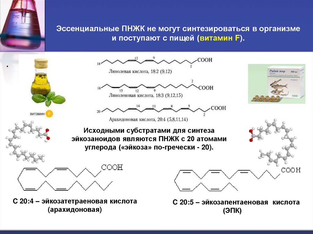 Эссенциальные ПНЖК не могут синтезироваться в организме и поступают с пищей (витамин F).