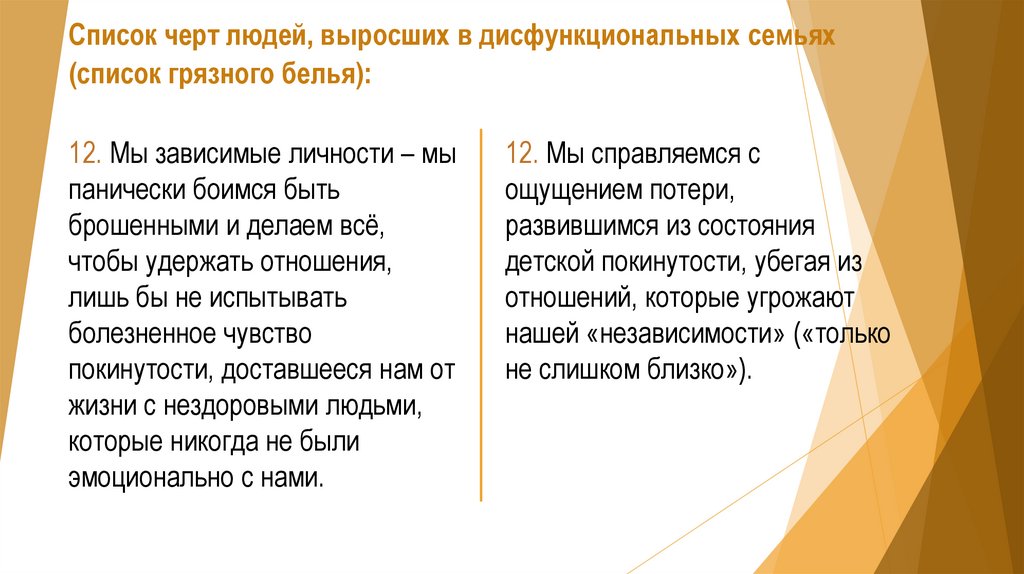 Список черт людей, выросших в дисфункциональных семьях (список грязного белья):