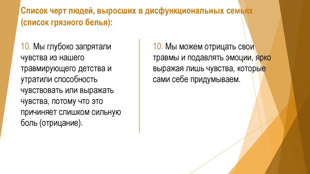 Список черт людей, выросших в дисфункциональных семьях (список грязного белья):