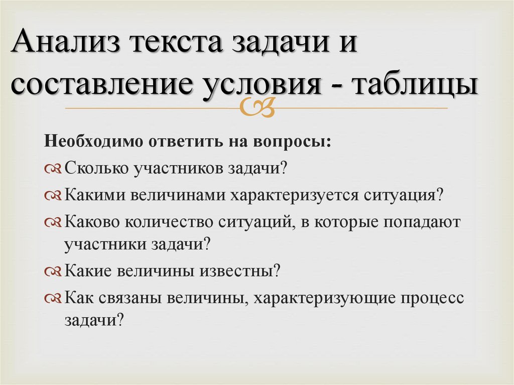 Анализ текста задачи и составление условия - таблицы
