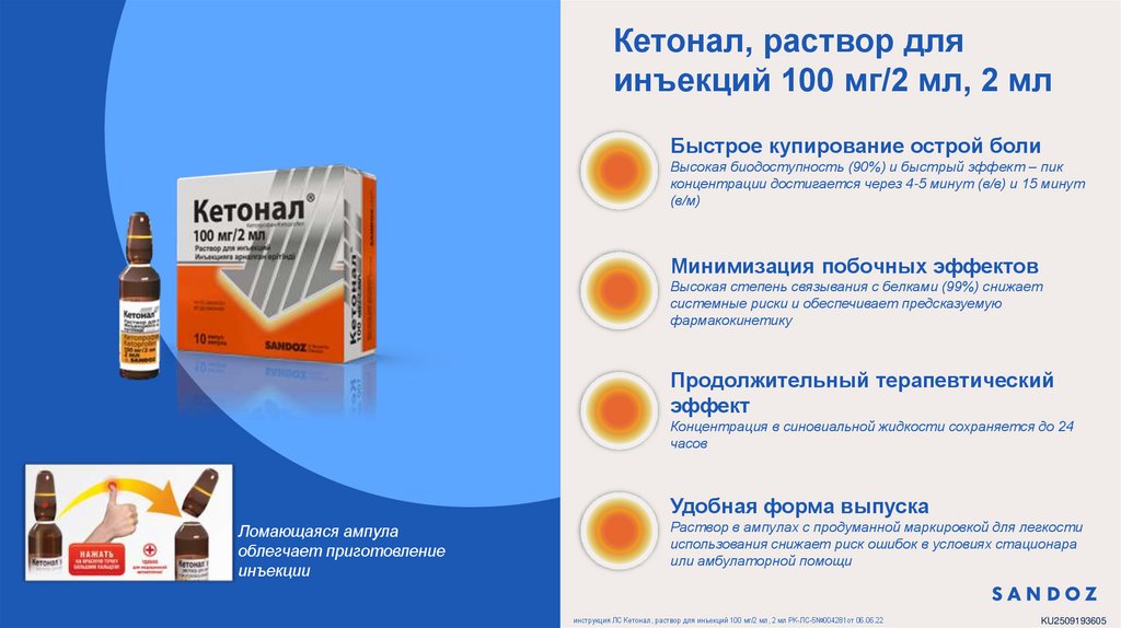 Кетонал, раствор для инъекций 100 мг/2 мл, 2 мл